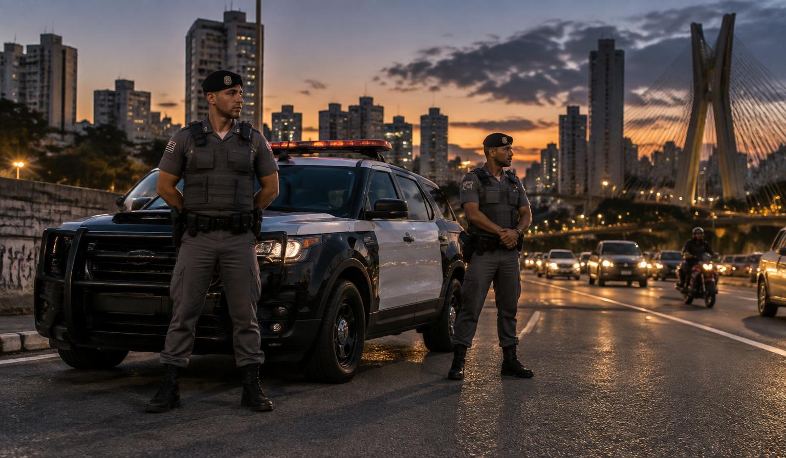 Policiais militares em patrulhamento na cidade de São Paulo